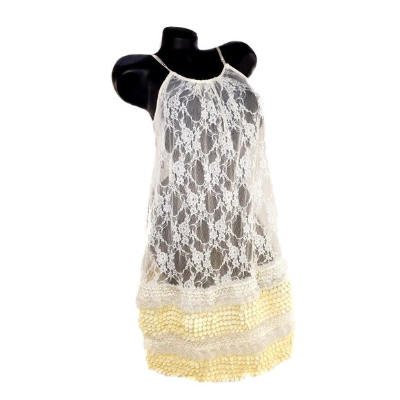 Cream Lace Tank Slip Dress with Lace Ruffles & Circle Trim Extender. - Picture 2 of 5
